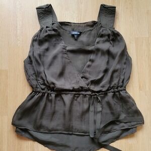 Bebe Y2K 100% Silk Sleeveless Peplum Top Dark Olive‎ Surplice Wrap Small